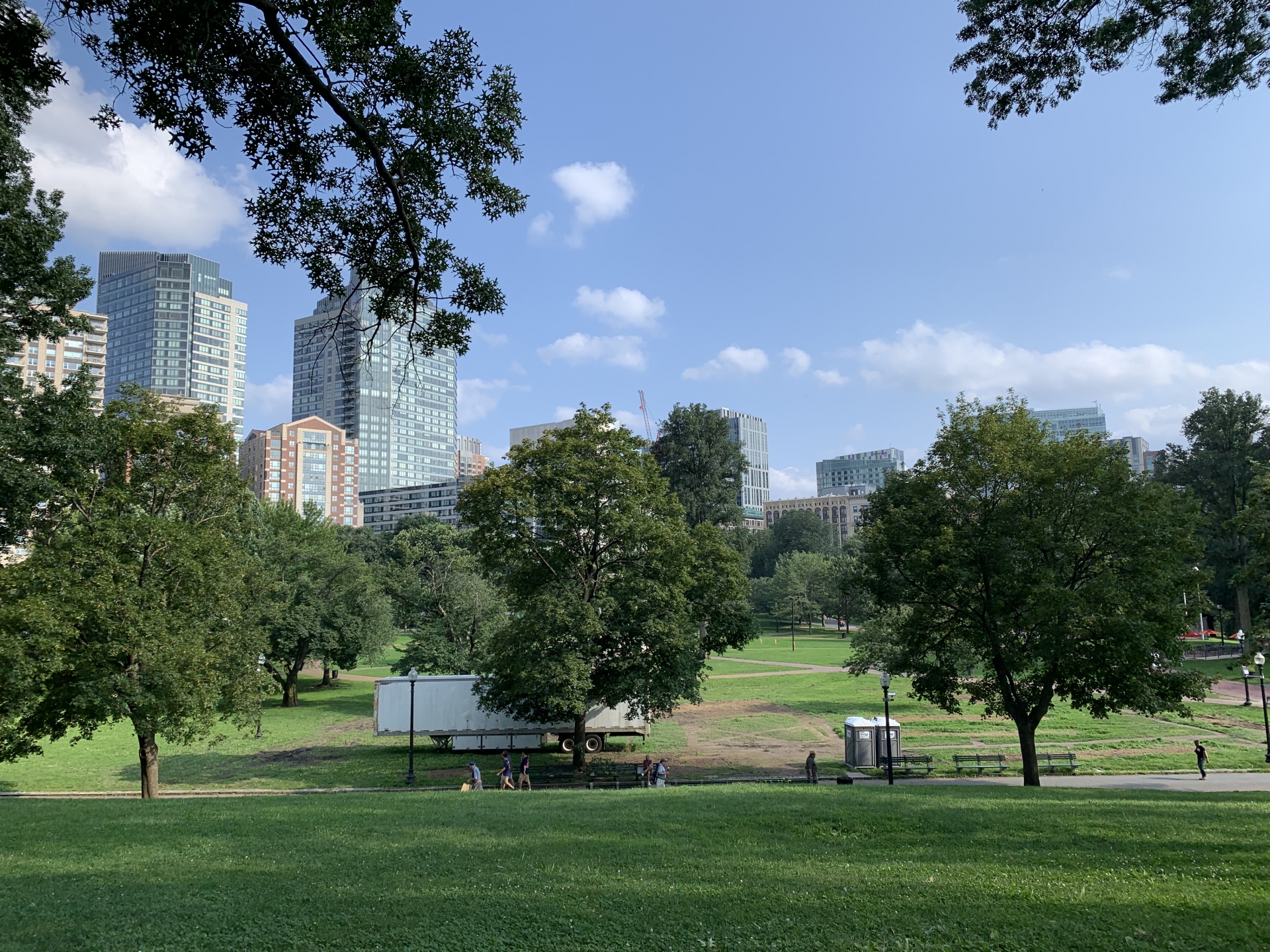 都市の高層ビル群を背景にした緑豊かな公園の風景